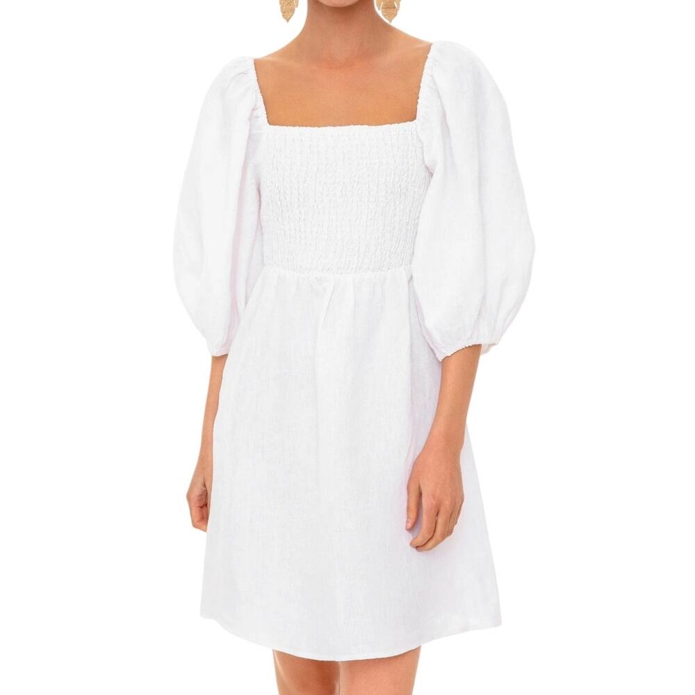 Tuckernuck Neutral Puff Sleeve Bridal White Smocked Annie Linen Mini Dress